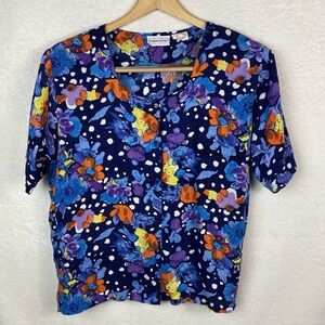 Vtg 80s Floral Square Neck Button Blouse Sz M Art‎ To Wear Made in India Rayon
